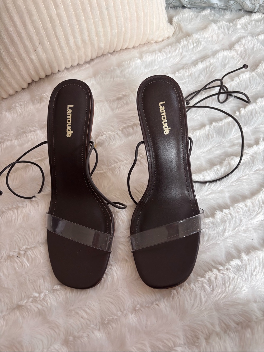 LARROUDE Gloria Strapped Heel CLEAR TAUPE BROWN LEATHER STRAPPY 8.5